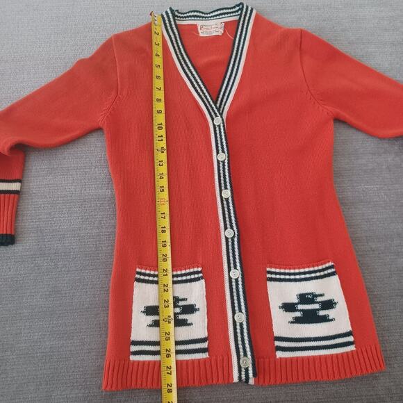 Vintage 60s 70s Cardigan Sweater Womens M Orange Varsity Thunderbird Grunge - Picture 5 of 7